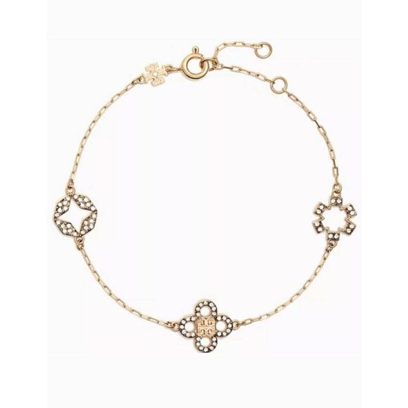 TORY BURCH Forget Me Not Pave Clover Connector Charm Gold Bracelet - Picture 2 of 4